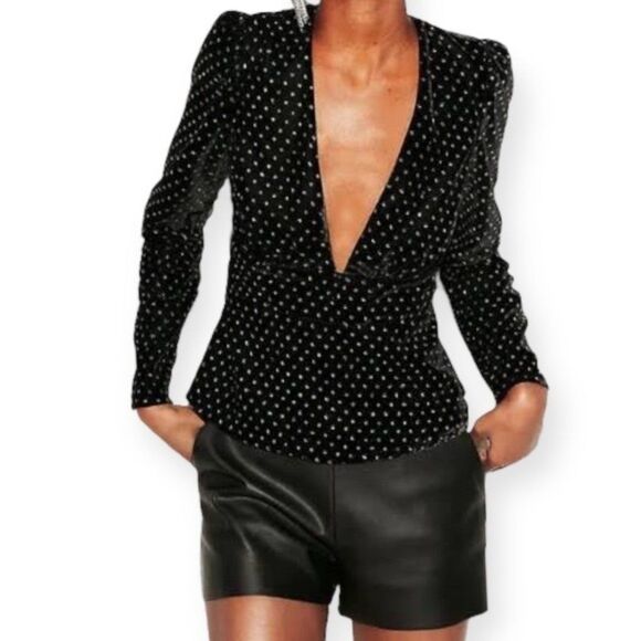 Express Velvet Deep V-neck Metallic Polka Dots Long Sleeve Peplum Top - Picture 1 of 9